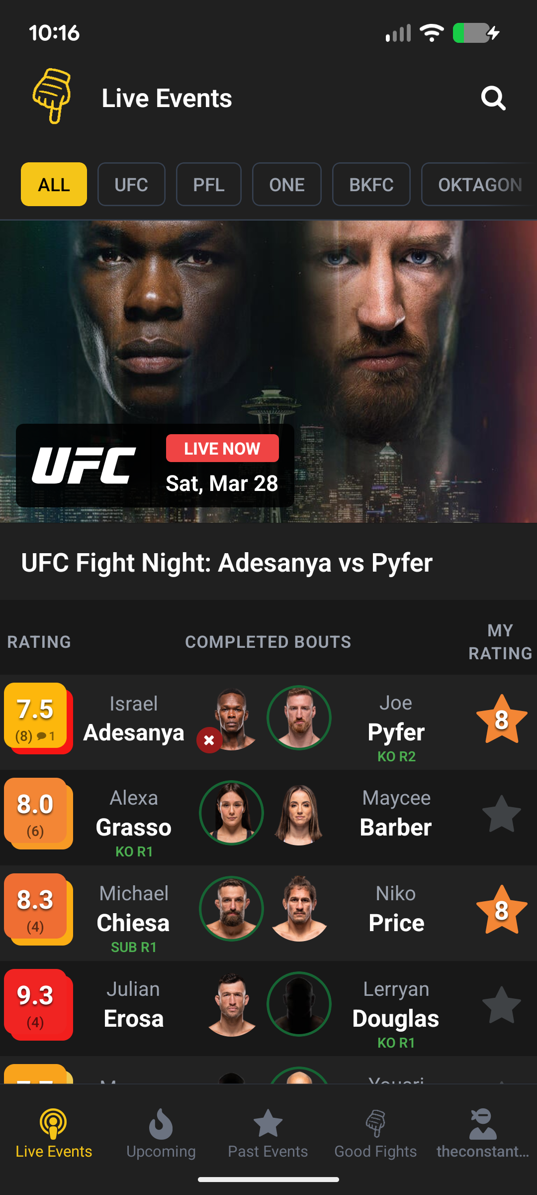 Live event tracking screen