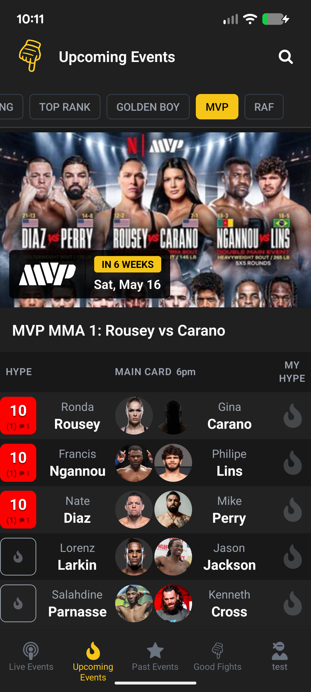 Event detail with full fight card and hype scores