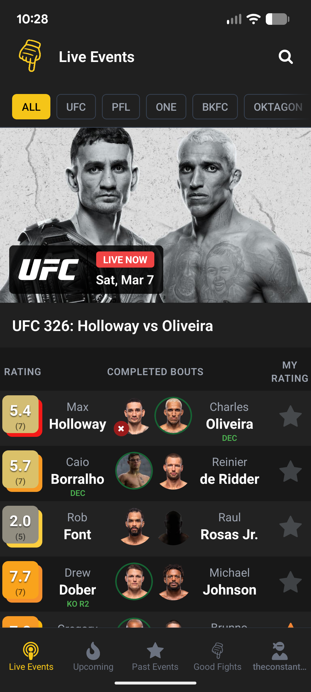 Live event with real-time fight results