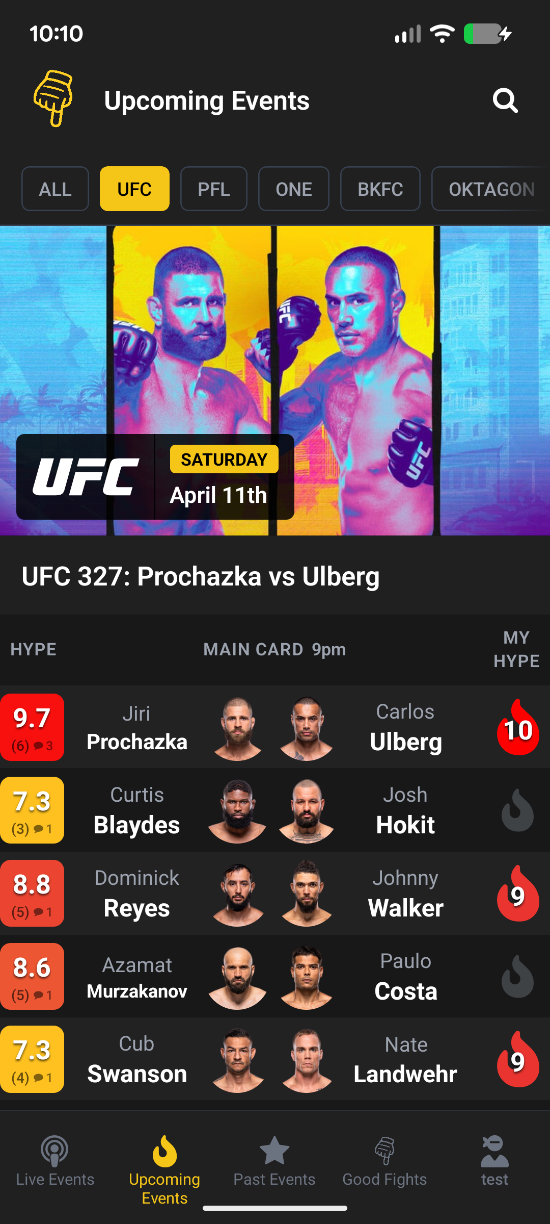 Upcoming events with hype scores